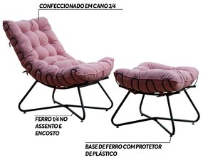 Conjunto Decorativo Poltrona e Puff Caim Base de Ferro Preto Veludo Rosa G41 - Gran Belo