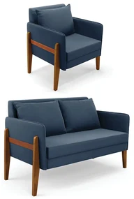 Kit 1 Sofá Namoradeira e 1 Poltrona Lana Suede Azul Marinho Base de Madeira - D'Rossi