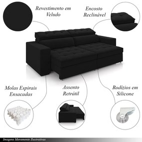 Sofá Decorativo Hugo 3 Lugares 246cm Reclinável e Retrátil Veludo Preto G45 - Gran Belo