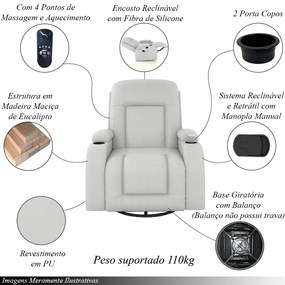 Poltrona do Papai Reclinável Giratória e Balanço Sala de Cinema Crihs com Massagem e Aquecimento PU Branco G23 - Gran Belo