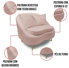 Poltrona Decorativa Orgânica Pé Ferro Dourado Kit 2 Zaya Bouclê C05 - D'Rossi - Rose