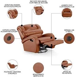 Poltrona do Papai Reclinável Kalie Glider Giratória USB FH9 PU Caramel