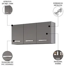 Armários de Cozinha Aéreo 3 Portas 120cm Kit 2 Honduras Cinza - Lumil