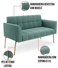 Namoradeira e 2 Poltronas Pé de Ferro Dourado Elisa Bouclê Verde Ment D03 - D'Rossi