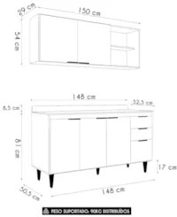 Armário de Cozinha Com Tampo CP01 150cm Pérola Branco Z34     - Mpozen