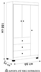 Guarda Roupa Infantil 99cm 3 Portas 3 Gavetas Duda Branco    - Phoenix