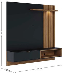 Painel TV 60 Pol 160cm Bancada Suspensa Zurique C04 - D'Rossi - Preto Fosco e Noce Milano