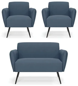 Sofá Namoradeira com 2 Poltronas Pés Palito de Ferro Bruna Suede Azul Marinho - D'Rossi