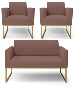 Sofá Namoradeira com 2 Poltronas Base Industrial Dourado Marisa Veludo D03 - D'Rossi - Rose