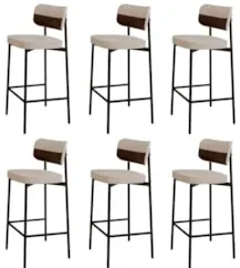 Banqueta Alta Bar Estofada Kit 6 Ella M25 Linho Areia/Marrom - Mpozena