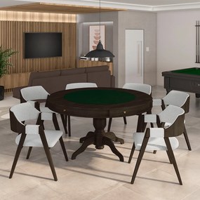 Conjunto Mesa de Jogos Carteado Bellagio Tampo Reversível Preto e 6 Cadeiras Madeira Poker Base Estrela Linho Cinza/Capuccino G42 - Gran Belo