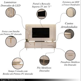 Painel com Bancada 241cm Avatar para TV Até 75 com LED e Detalhes Dourados Off White G18 - Gran Belo