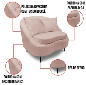 Poltrona Decorativa Orgânica Pé Ferro Preto Kit 2 Zaya Bouclê C05 - D'Rossi - Rose