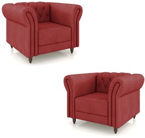 Kit 2 Poltronas Decorativas Sala de Estar Stanford Chesterfield Pés de Madeira Couro Vermelho G58 - Gran Belo