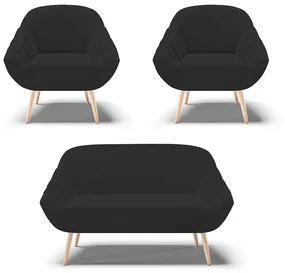 Kit 01 Namoradeira 02 Lugares e 02 Poltronas Giovana Veludo Pés Palito Natural - D'Rossi - Preto