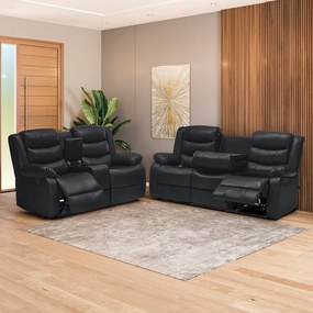 Conjunto de Sofás 2 e 3 Lugares Sala de Estar Reclinável Hollywood Manual Aquecimento Massagem PU Preto G94 - Gran Belo