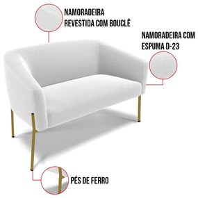 Sofá Namoradeira 2 Lugares Pé Ferro Dourado Stella Bouclê D03 - D'Rossi - Off White