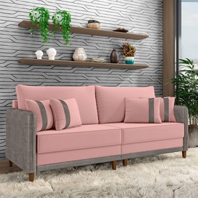 Sofá Living Montecarlo 3 Lugares Bipartido 232cm Pés em Madeira Veludo/PU Rosê/Cinza G33 - Gran Belo