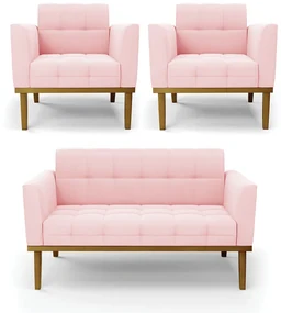 Namoradeira com 2 Poltronas Base de Madeira Castanho Elisa Suede Rosa Bebê D03 - D'Rossi