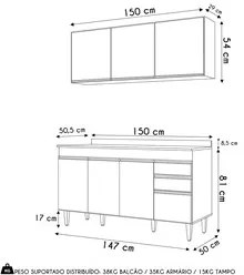 Armário de Cozinha Argélia e Balcão com Tampo 150cm Marrocos Cinza Cla