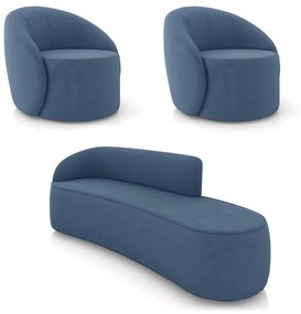 Sofá 4 Lugares Orgânico 220cm Morgan e 2 Poltronas Lua Suede D03 - D'Rossi - Azul Marinho