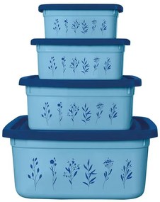Kit Potes Quadrados Floral Azul 4 Peças