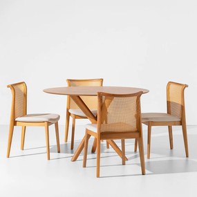 Conjunto Mesa de Jantar Thai Redonda Carvalho Americano - 1,20m + 4 Cadeiras Malai Encosto Palha Natural Linne - Cru
