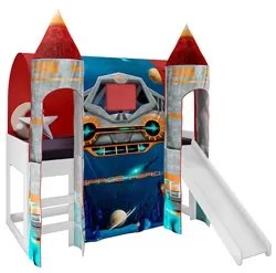 Cama Infantil com Escorregador Barraca 2 Torres LED Nave Espacial P13
