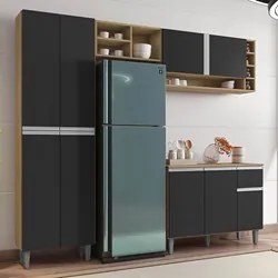 Cozinha Modulada 230cm 4 Peças Balcão e Aéreo Vanessa Amêndoa/Preto -