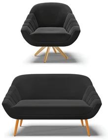 Kit 01 Namoradeira 02 Lugares e 01 Poltrona Giratória Giovana Suede Base Madeira MA30 - D'Rossi - Preto