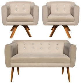 Kit 01 Namoradeira 02 Lugares e 02 Poltronas Giratória Julia Suede com Strass Base Madeira MM30 D'Rossi - Bege