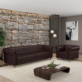 Conjunto Sala de Estar 1 Sofá Living 220cm e 1 Poltrona Stanford Chesterfield Pés Madeira Couro Wine Vinho G58 - Gran Belo