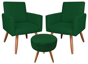 Kit 02 Poltronas com 01 Puff Larissa Suede Pés Palito Castanho D'Rossi - Verde