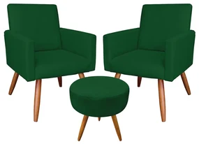 Kit 02 Poltronas com 01 Puff Larissa Suede Pés Palito Castanho D'Rossi - Verde