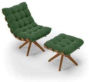 Poltrona com Puff Giratório Costela Suede Base de Madeira MA30 M11 - D'Rossi - Verde