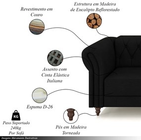 Conjunto de Sofá Sala de Estar Stanford Chesterfield 2 e 3 Lugares 200cm/240cm Pés Madeira Couro Preto G58 - Gran Belo