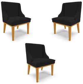 Kit 3 Cadeiras Decorativas Sala de Jantar Base Fixa de Madeira Firenze Linho Preto/Castanho G19 - Gran Belo