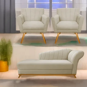 Kit Diva Recamier Vanessa 185cm Lado Esquerdo e 02 Poltronas Laura Linho - ADJ Decor