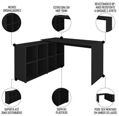 Mesa Escrivaninha em L Eron e Balcão 60cm 2 Portas Look A06 Preto - Mp