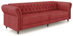 Sofá Living Sala de Estar Stanford Chesterfield 3 Lugares 260cm Pés de Madeira Couro Vermelho G58 - Gran Belo