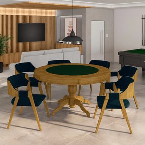 Conjunto Mesa de Jogos Carteado Bellagio Tampo Reversível e 6 Cadeiras Madeira Poker Base Estrela Veludo Azul Marinho/Mel G42 - Gran Belo