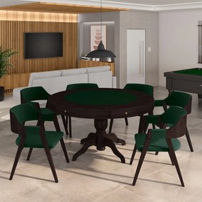 Conjunto Mesa de Jogos Carteado Bellagio Tampo Reversível e 6 Cadeiras Madeira Poker Base Estrela Veludo Verde Escuro/Tabaco G42 - Gran Belo