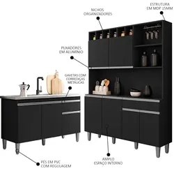 Cozinha Compacta Alice e Balcão Gabinete Com Pia Tatiane 120cm Preto -