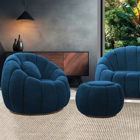 Poltrona Decorativa Orgânica Giratória com Puff Cloud Bouclê E03 - D'Rossi - Azul Marinho