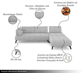 Sofá de Canto Modulado 282cm Sabrina Pés em Aço com Puff Bouclê Cinza G52 - Gran Belo