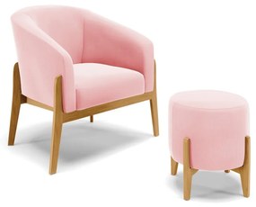 Poltrona com Puff Base de Madeira Stella Suede Rosa Bebê D03 - D'Rossi
