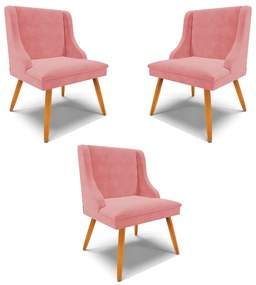 Kit 3 Cadeiras Decorativas Sala de Jantar Pés Palito de Madeira Firenze Suede Rosê/Natural G19 - Gran Belo