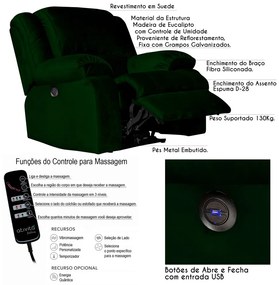 Poltrona do Papai Reclinável Elétrica com Massagem e USB Magnum Veludo Verde G23 - Gran Belo