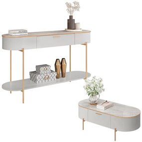 Conjunto Aparador Decorativo Amanda 1 Gaveta e Mesa de Centro Bento 1 Gaveta Pés Metálicos Dourados Fendi/Quartzo G18 - Gran Belo