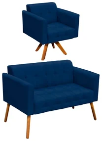 Kit 01 Namoradeira e 01 Poltrona Giratória Elisa Suede Base Madeira MM30 D'Rossi - Azul Marinho